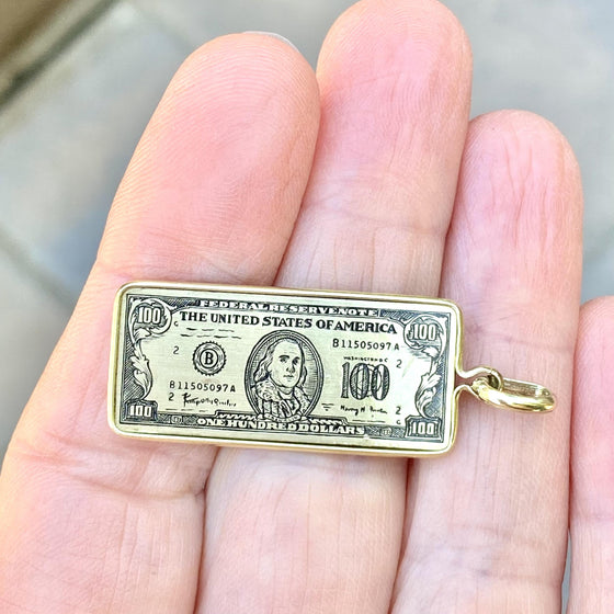 Vintage 14K Etched $100 Dollar Bill Yellow Gold Charm Pendant