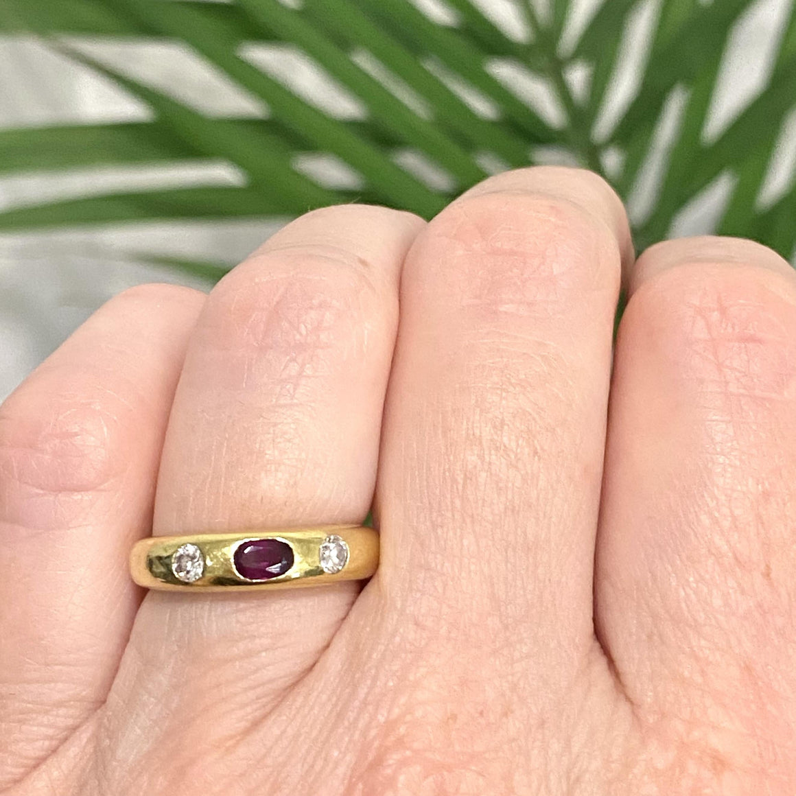 Vintage 18K Ruby & Diamond Three Stone Band Ring