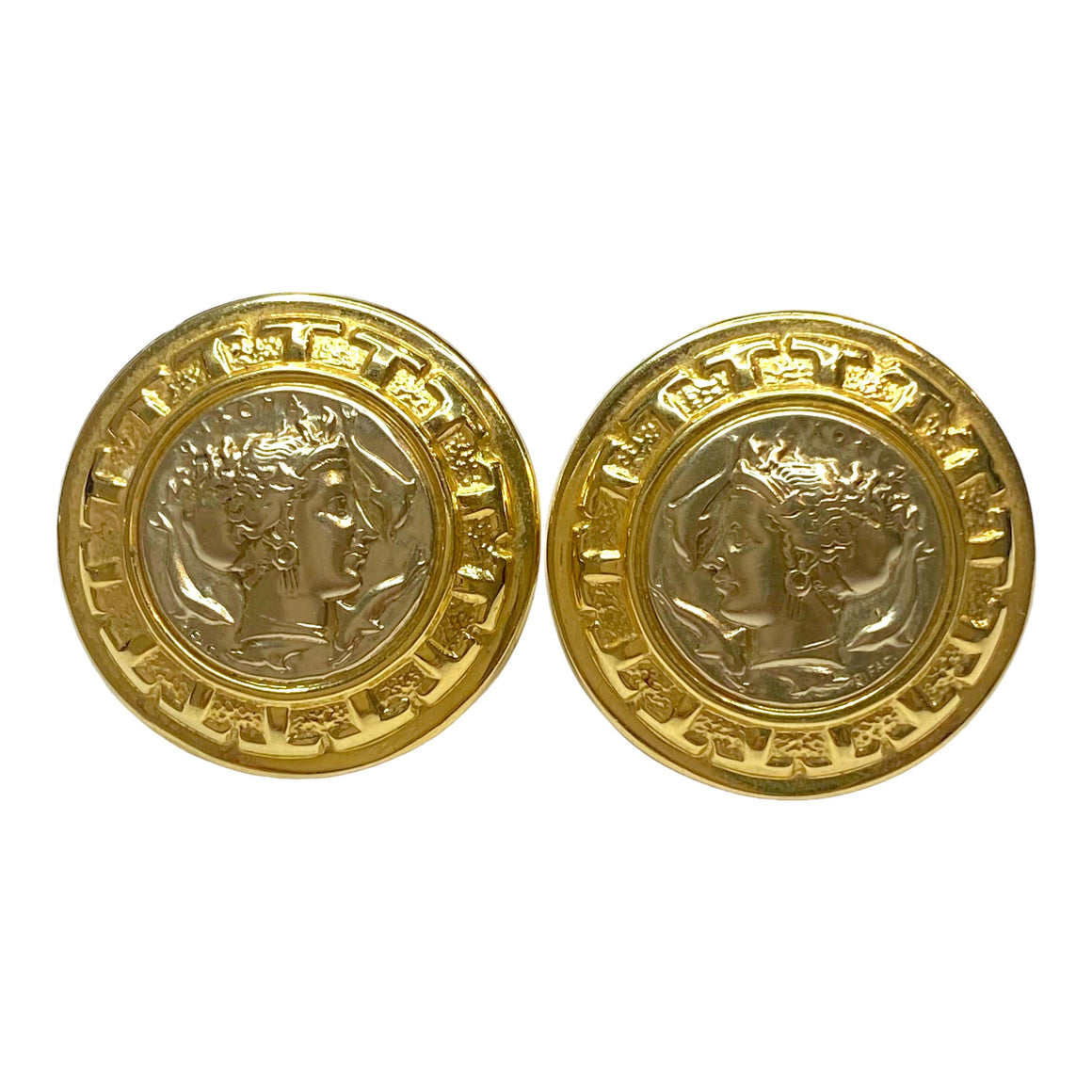 18K Gold Vintage Roman Coin Motif Round Earrings
