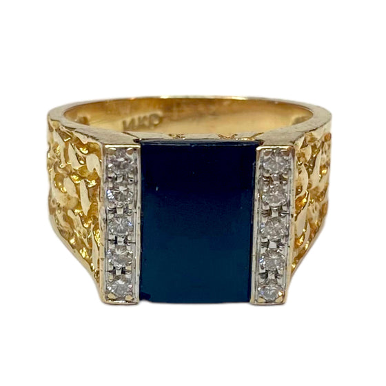 Vintage Men's Onyx & Diamond Gold Nugget Ring