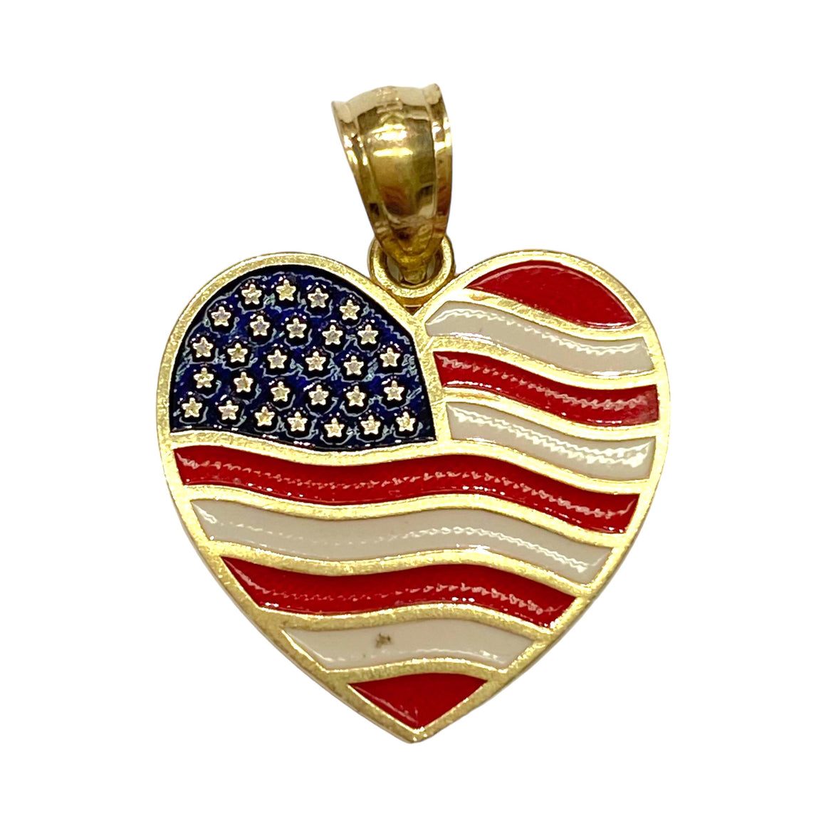 Vintage 14K Gold Enamel Double Sided GOD BLESS AMERICA Heart Pendant