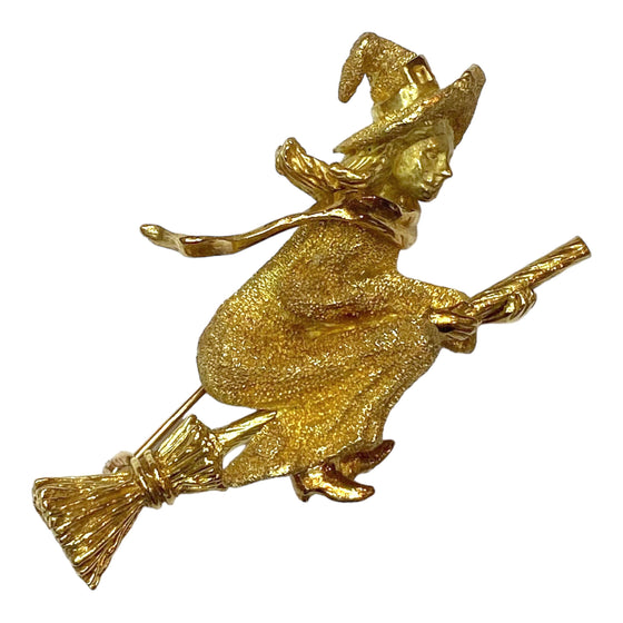 George Lederman Vintage 18K Witch on Broomstick Brooch