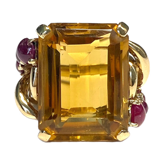 Large Retro 14K Citrine & Ruby Ring