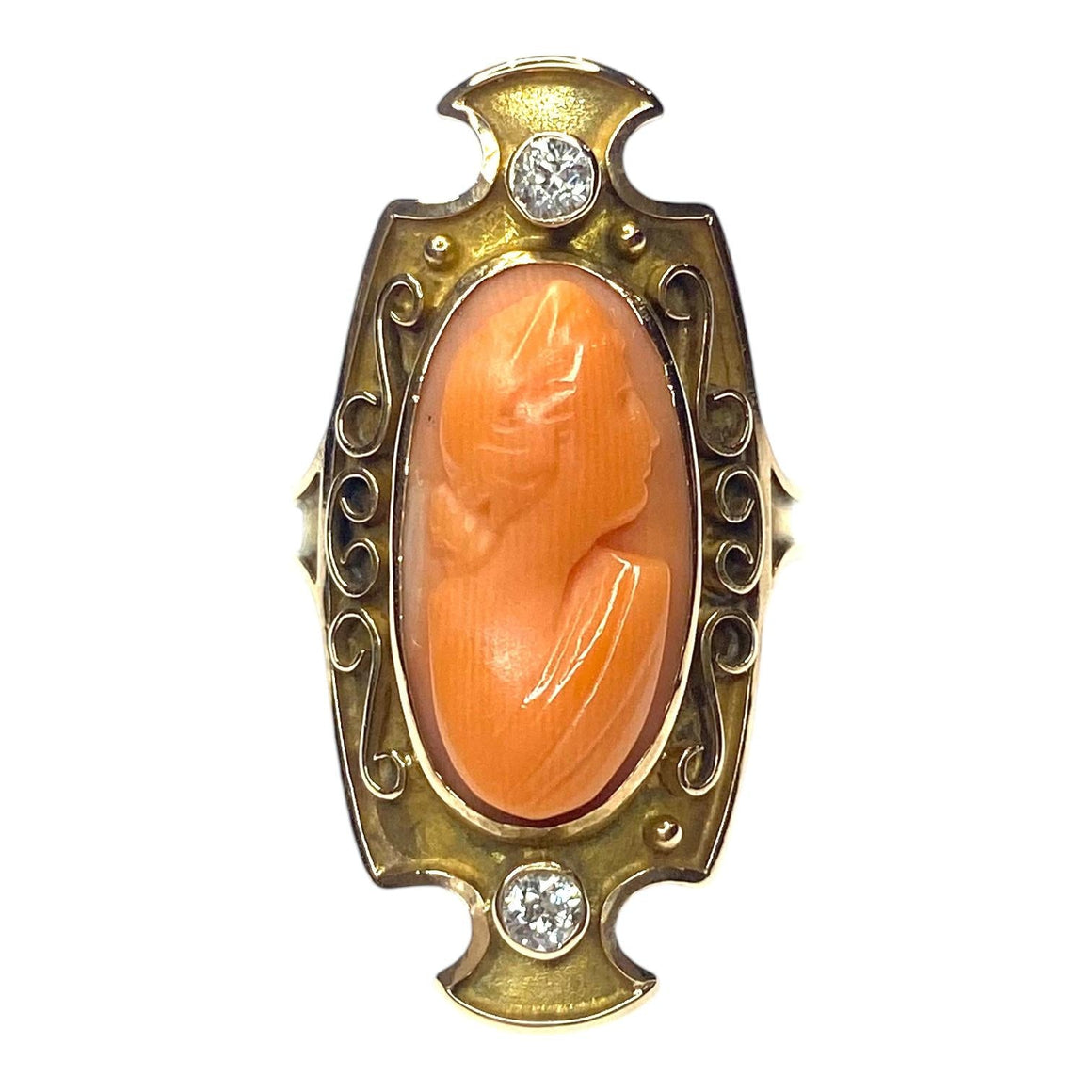 Antique 14K Gold Coral Cameo & Diamond Ring