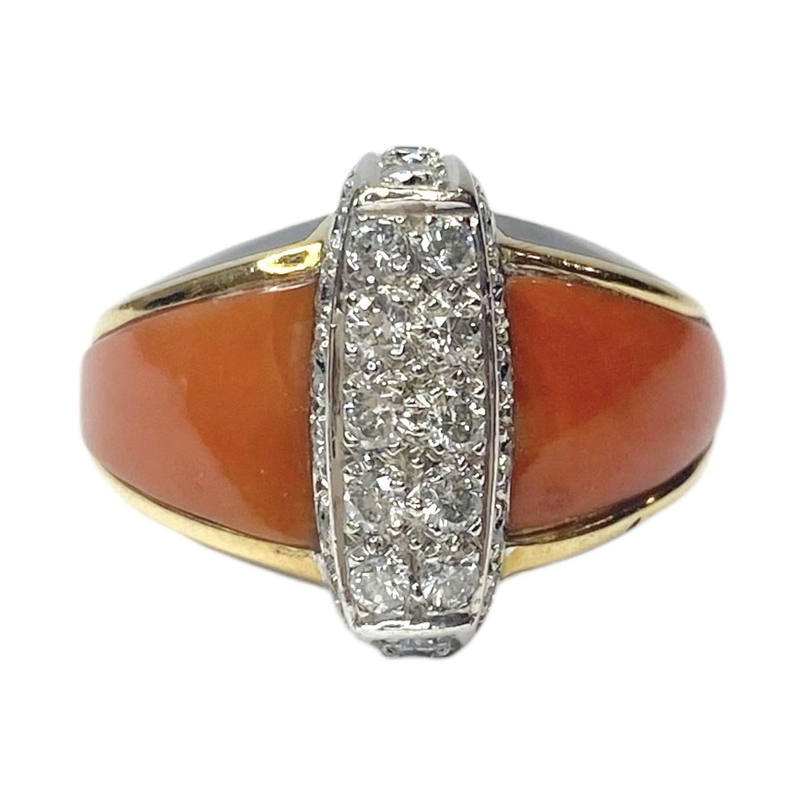 Vintage 18K Coral Onyx & Diamond Ring