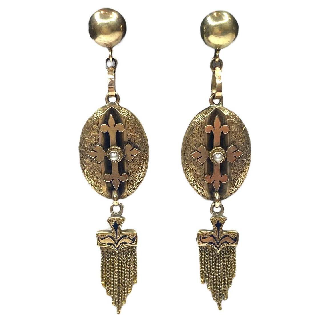 Victorian 14K Gold Seed Pearl and Black Enamel Tassel Earrings