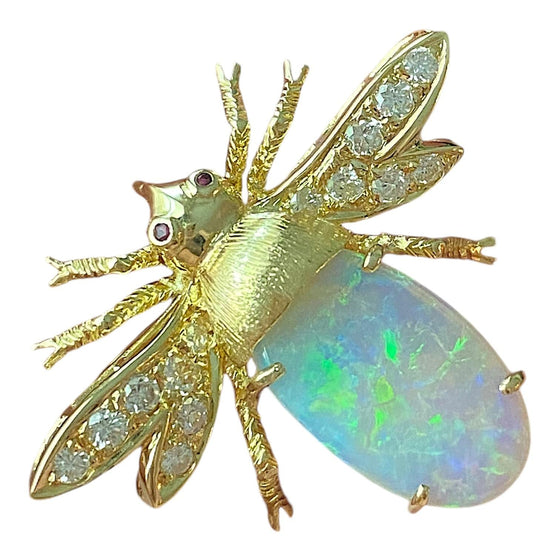 Vintage 18K Opal and Diamond Bug Fly Pendant Brooch