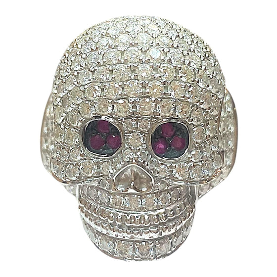 18K White Gold Diamond & Ruby Scull Ring