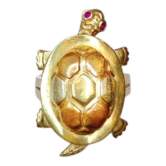 Large 14K Articulating Turtle Ring with Ruby Eyes