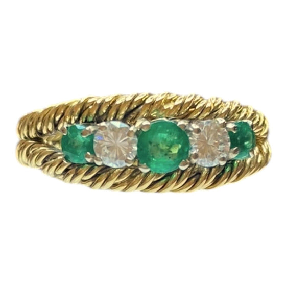 Vintage 18K Gold Emerald & Diamond Five Stone Band Ring