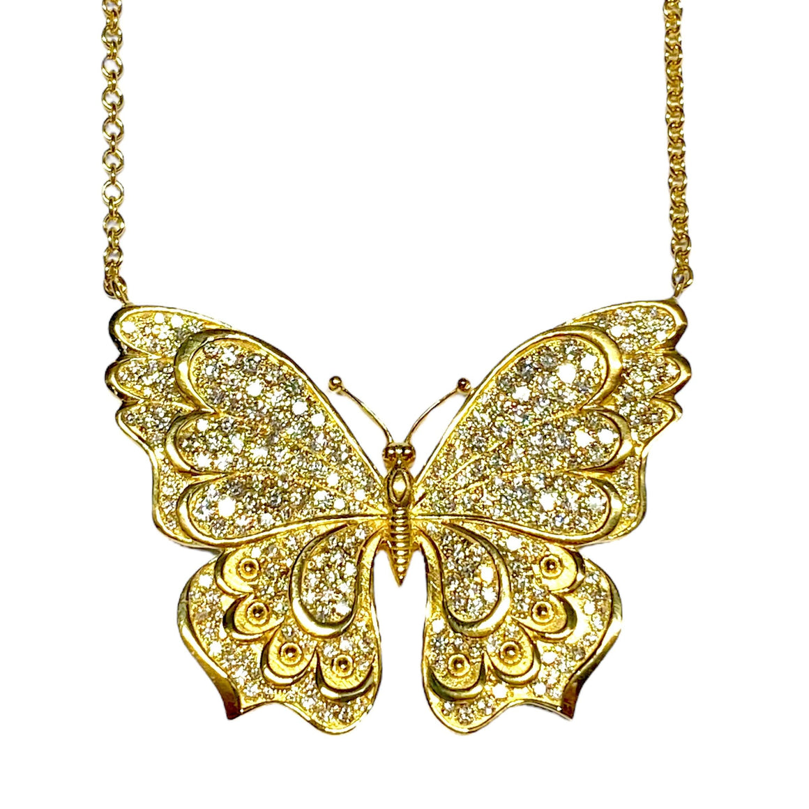 Vintage 18K Yellow Gold Pave Diamond Butterfly Necklace