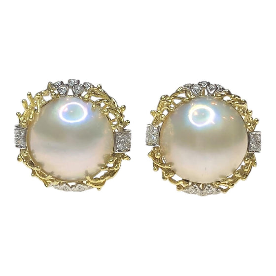 Vintage 18K Cultured Mabe Pearl & Diamond Earrings