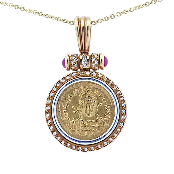 18K Diamond & Ruby Pendant Enhancer with Leo I Gold Solidus Coin