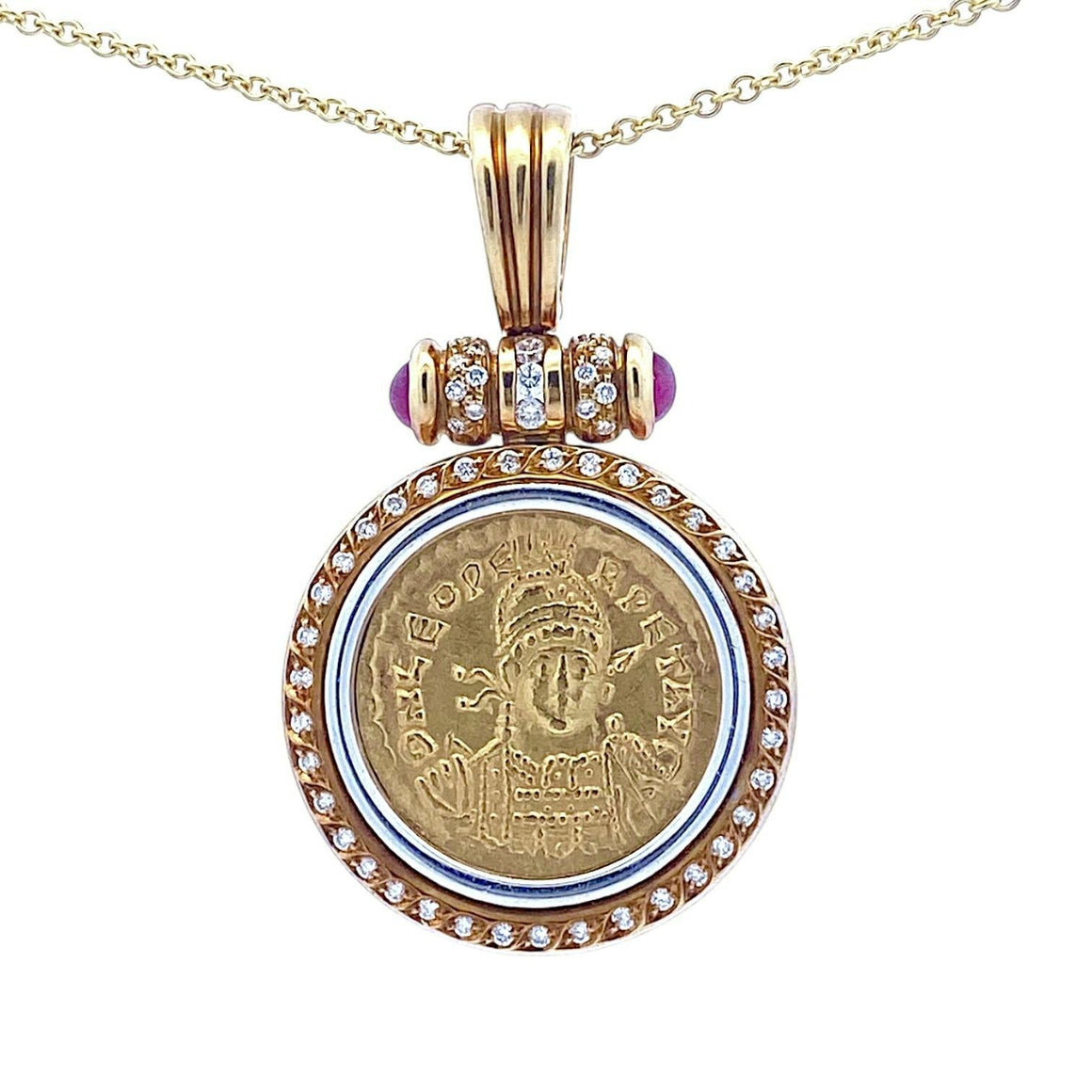 18K Diamond & Ruby Pendant Enhancer with Leo I Gold Solidus Coin