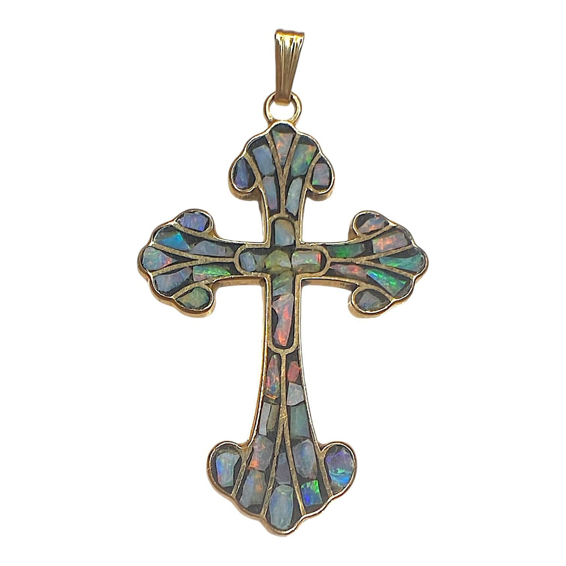 Vintage 14K Gold Inlay Opal Cross Pendant