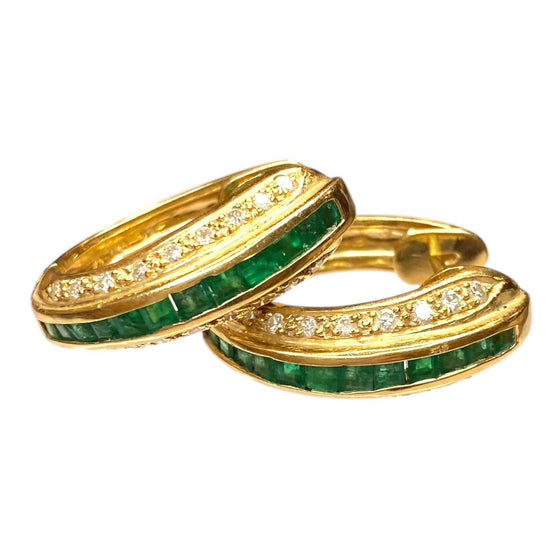 18K Gold Emerald & Diamond Hoop Earrings