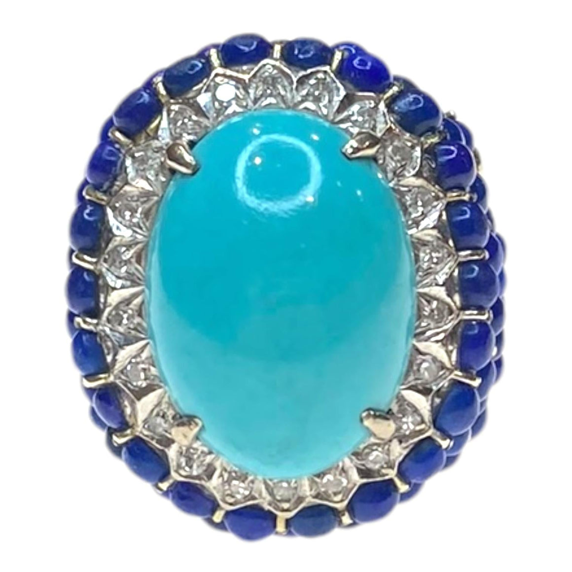 Vintage Large 14K Turquoise Lapis Lazuli & Diamond Ring