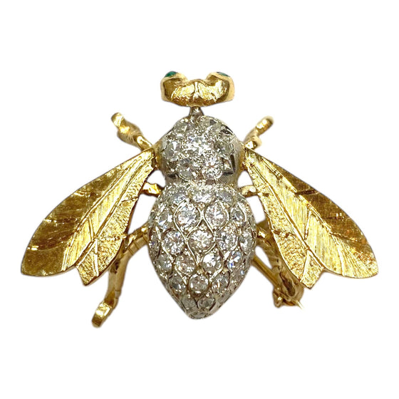 Vintage 14K Gold Diamond and Emerald Bee Pin