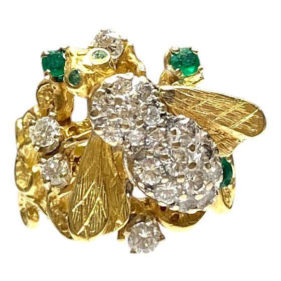 Vintage 18K Yellow Gold Emerald and Diamond Bee Ring