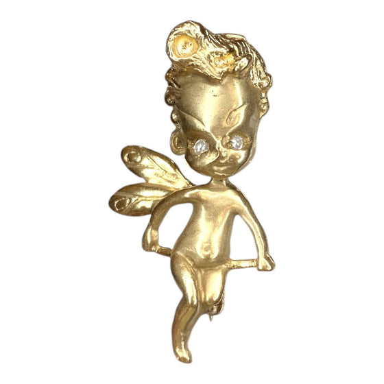 Vintage 14K Gold Cherub Brooch with Diamond Eyes