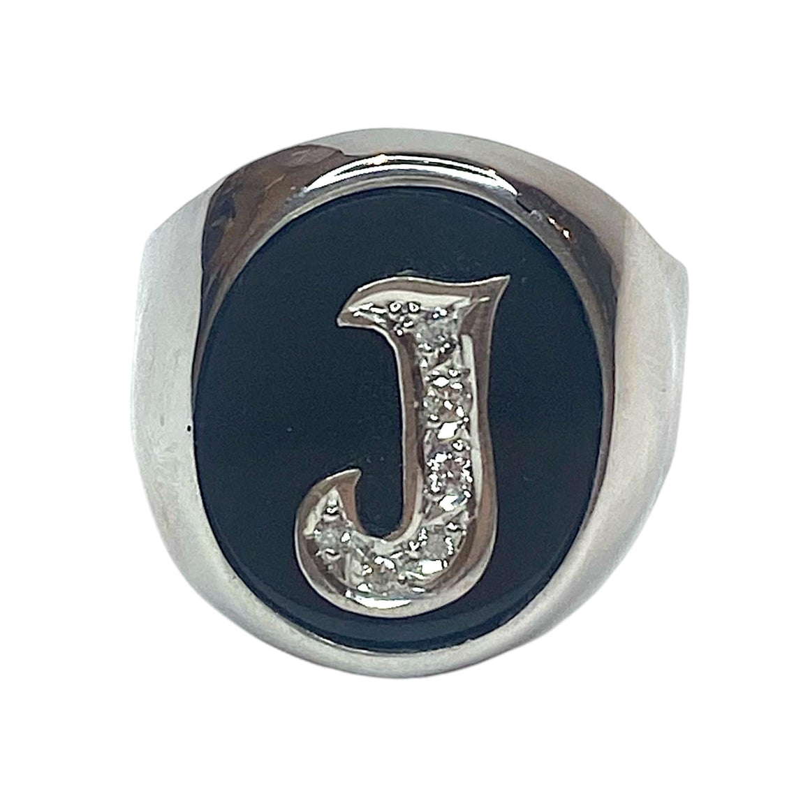 Vintage 18K White Gold Diamond J Signet Ring